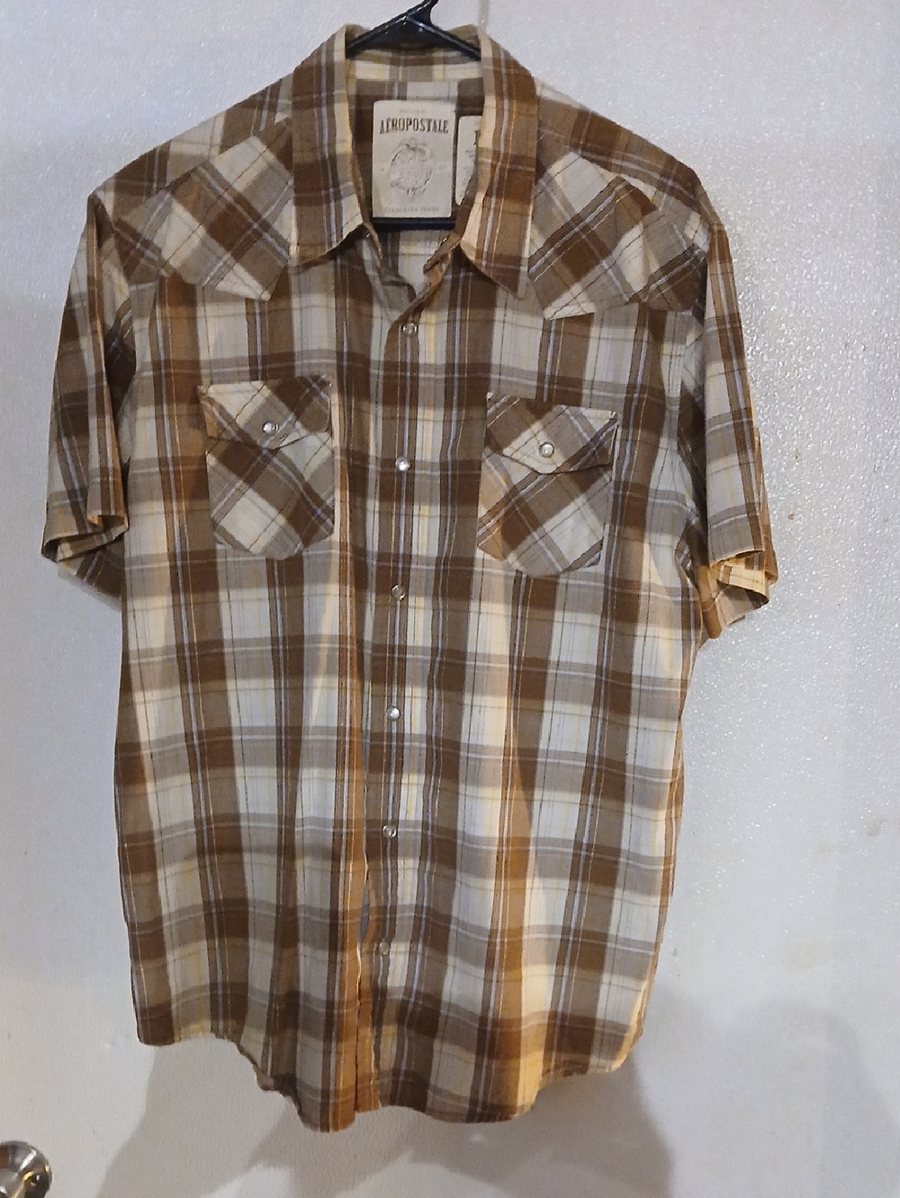 Aeropostale Brown and Cream Plaid Short Sleeve Button-Down Shirt